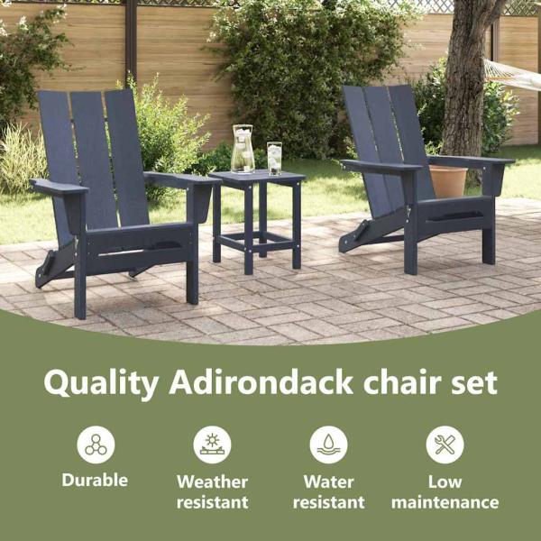 3-teiliges Garten-Loungeset Marineblau HDPE, faltbarer Adirondack-Stuhl Marineblau 74,5x80,5x90 cm HDPE, Adirondack-Beistelltisch Marineblau 38x38x46 cm HDPE
