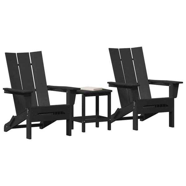 3-teiliges Garten-Lounge-Set Schwarz HDPE, Faltbarer Adirondack-Stuhl Schwarz 74,5x80,5x90 cm HDPE, Adirondack-Seitertisch Schwarz 38x38x45 cm HDPE