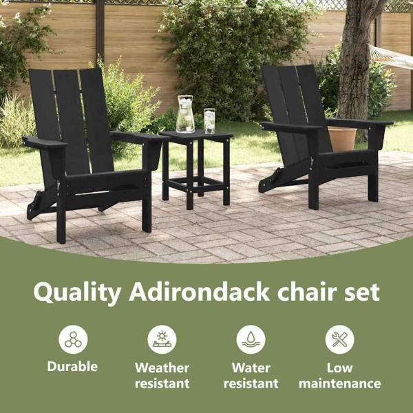 3-teiliges Garten-Lounge-Set Schwarz HDPE, Faltbarer Adirondack-Stuhl Schwarz 74,5x80,5x90 cm HDPE, Adirondack-Seitertisch Schwarz 38x38x45 cm HDPE