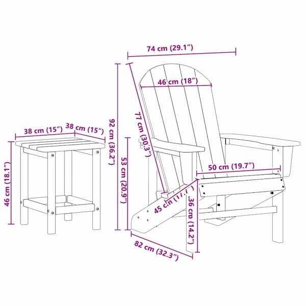 3-teiliges Gartenlounge-Set Marineblau HDPE, Adirondackstuhl Marineblau 74x82x91 cm HDPE, Adirondack-Beistelltisch Marineblau 38x38x46 cm HDPE