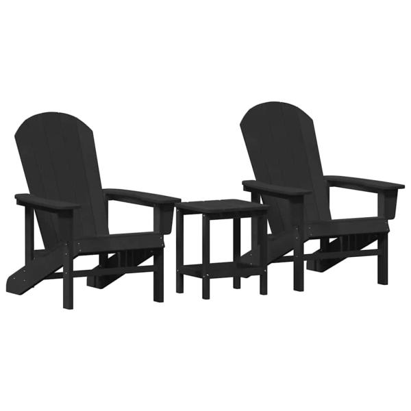 3-teiliges Garten-Lounge-Set Schwarz HDPE, Adirondack-Stuhl Schwarz 74x82x91 cm HDPE, Adirondack-Beistelltisch Schwarz 38x38x45 cm HDPE