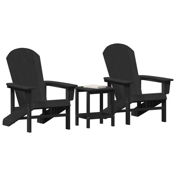 3-teiliges Garten-Lounge-Set Schwarz HDPE, Adirondack-Stuhl Schwarz 74x82x91 cm HDPE, Adirondack-Beistelltisch Schwarz 38x38x45 cm HDPE