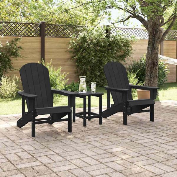 3-teiliges Garten-Lounge-Set Schwarz HDPE, Adirondack-Stuhl Schwarz 74x82x91 cm HDPE, Adirondack-Beistelltisch Schwarz 38x38x45 cm HDPE
