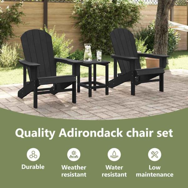 3-teiliges Garten-Lounge-Set Schwarz HDPE, Adirondack-Stuhl Schwarz 74x82x91 cm HDPE, Adirondack-Beistelltisch Schwarz 38x38x45 cm HDPE