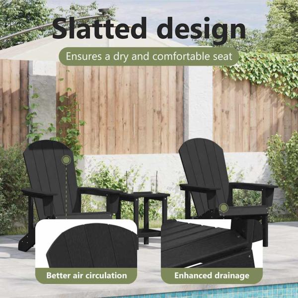 3-teiliges Garten-Lounge-Set Schwarz HDPE, Adirondack-Stuhl Schwarz 74x82x91 cm HDPE, Adirondack-Beistelltisch Schwarz 38x38x45 cm HDPE