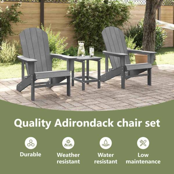 3-teiliges Garten-Lounge-Set Hellgrau HDPE, Adirondack-Stuhl Hellgrau 74x82x91 cm HDPE, Adirondack-Seitentisch Hellgrau 38x38x45 cm HDPE