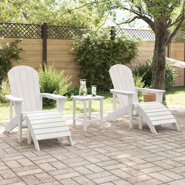 3-teiliges Garten Lounge Set Weiß HDPE, Adirondack-Stuhl mit Fußstütze Weiß HDPE, Adirondack Beistelltisch Weiß 38x38x45 cm HDPE