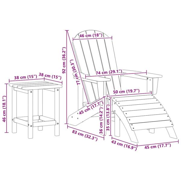 3-teiliges Garten Lounge Set Weiß HDPE, Adirondack-Stuhl mit Fußstütze Weiß HDPE, Adirondack Beistelltisch Weiß 38x38x45 cm HDPE