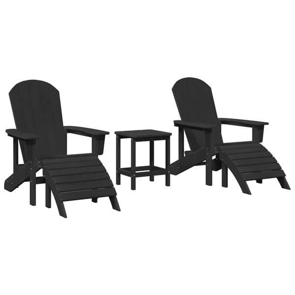 3-teiliges Garten Lounge Set Schwarz HDPE, Adirondack Stuhl mit Fußstütze Schwarz HDPE, Adirondack Beistelltisch Schwarz 38x38x45 cm HDPE
