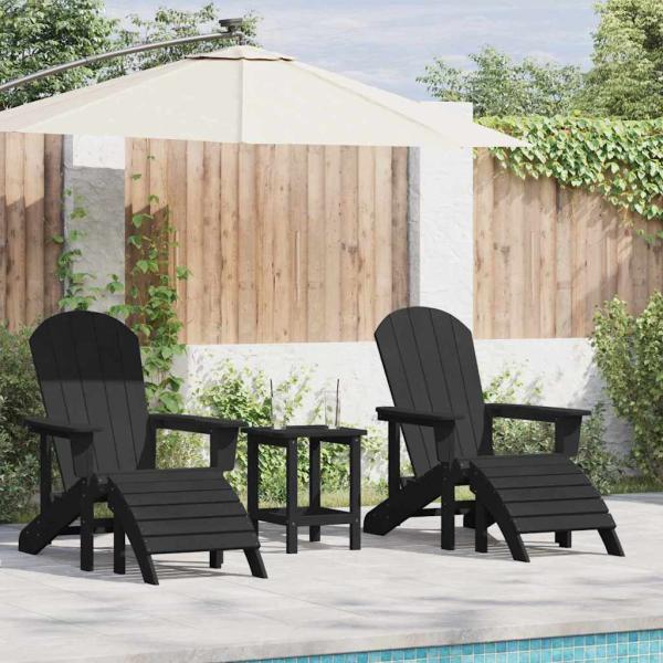 3-teiliges Garten Lounge Set Schwarz HDPE, Adirondack Stuhl mit Fußstütze Schwarz HDPE, Adirondack Beistelltisch Schwarz 38x38x45 cm HDPE