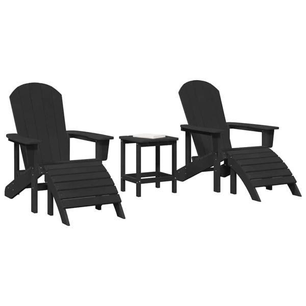 3-teiliges Garten Lounge Set Schwarz HDPE, Adirondack Stuhl mit Fußstütze Schwarz HDPE, Adirondack Beistelltisch Schwarz 38x38x45 cm HDPE