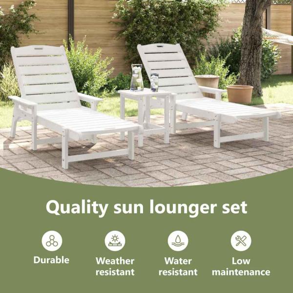 3-tlg. Garten Lounge Set Weiß HDPE, Sonnenliege Weiß 53x162x98.5 cm HDPE, Adirondack Beistelltisch Weiß 38x38x45 cm HDPE