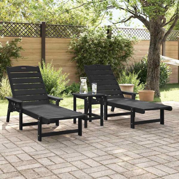 3-teiliges Gartenliege Set - Schwarz HDPE, Sonnenliege - Schwarz 53x162x98.5 cm HDPE, Adirondack Beistelltisch - Schwarz 38x38x45 cm HDPE