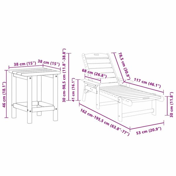 3-teiliges Gartenliege Set - Schwarz HDPE, Sonnenliege - Schwarz 53x162x98.5 cm HDPE, Adirondack Beistelltisch - Schwarz 38x38x45 cm HDPE