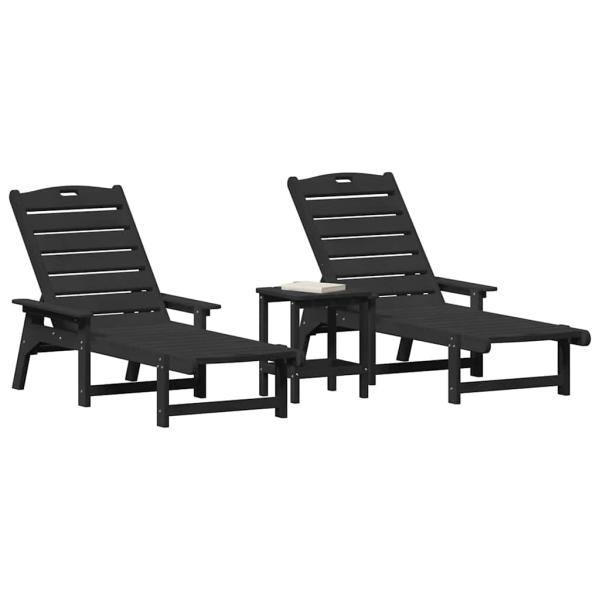 3-teiliges Gartenliege Set - Schwarz HDPE, Sonnenliege - Schwarz 53x162x98.5 cm HDPE, Adirondack Beistelltisch - Schwarz 38x38x45 cm HDPE