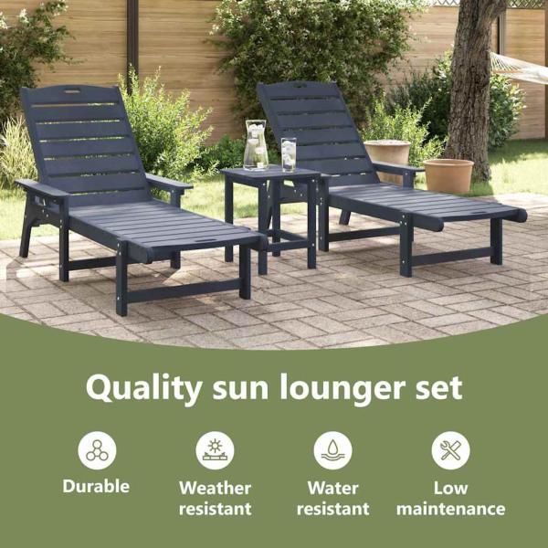 3-teiliges Gartenliege Set - Schwarz HDPE, Sonnenliege - Schwarz 53x162x98.5 cm HDPE, Adirondack Beistelltisch - Schwarz 38x38x45 cm HDPE