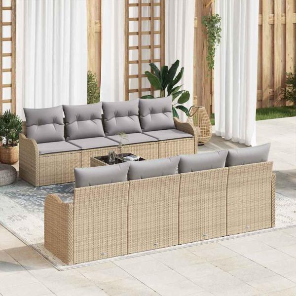 ARDEBO.de - 9-teiliges Garten Sofa Set mit Kissen Beige Poly Rattan, 2-Sitzer Garten Sofa mit Kissen Beige Poly Rattan