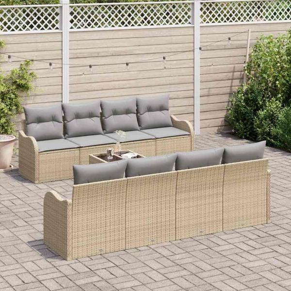 9-teiliges Garten Sofa Set mit Kissen Beige Poly Rattan, 2-Sitzer Garten Sofa mit Kissen Beige Poly Rattan