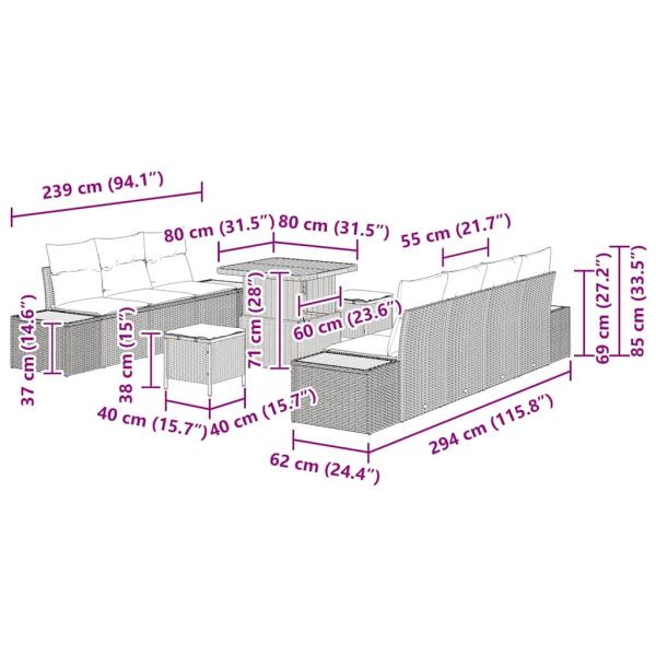 10-teiliges Garten Sofa Set mit Kissen Beige Poly Rattan Akazie, 3-teiliges Garten Essset mit Kissen Beige Poly Rattan Akazie