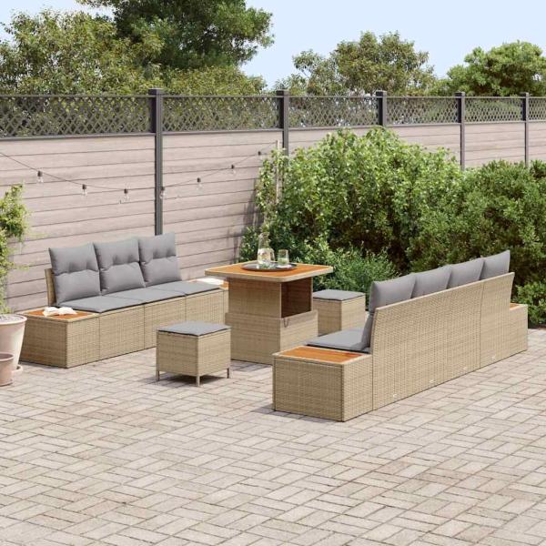 10-teiliges Garten Sofa Set mit Kissen Beige Poly Rattan Akazie, 3-teiliges Garten Essset mit Kissen Beige Poly Rattan Akazie