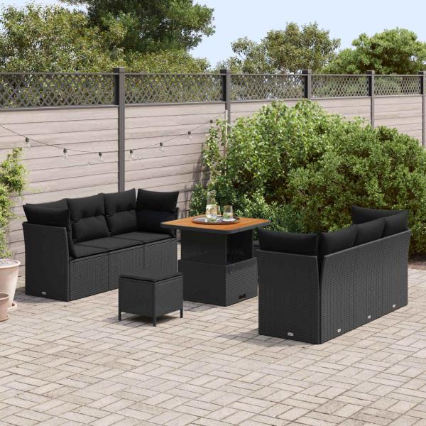 ARDEBO.de - 9-teiliges Garten-Sofa-Set mit Kissen in Schwarz Poly-Rattan Akazie, 3-teiliges Garten-Essset mit Kissen in Schwarz Poly-Rattan Akazie