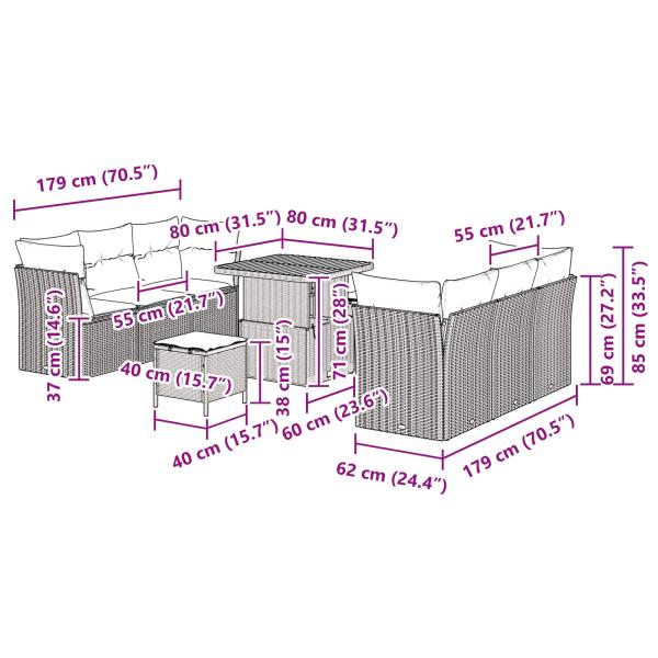 9-teiliges Garten-Sofa-Set mit Kissen in Schwarz Poly-Rattan Akazie, 3-teiliges Garten-Essset mit Kissen in Schwarz Poly-Rattan Akazie