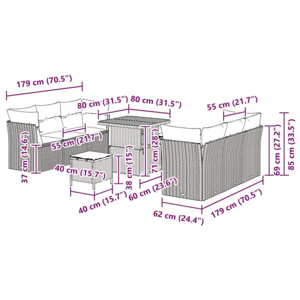 9-teiliges Garten-Sofa-Set mit Kissen Beige Poly Rattan Acacia, 3-teiliges Garten-Ess-Set mit Kissen Beige Poly Rattan Acacia
