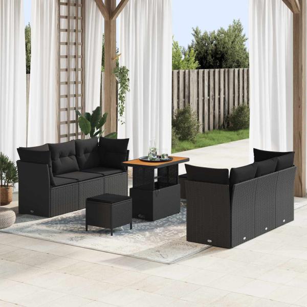 ARDEBO.de - Gartensofa-set mit Kissen 9 pcs Schwarz Poly-Rattan