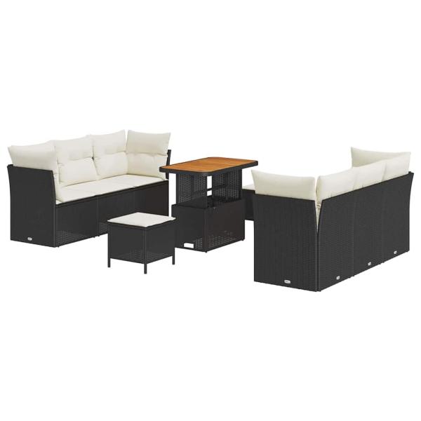 9-teiliges Garten Sofa Set mit Kissen Schwarz Poly Rattan Akazie, 3-teiliges Garten Esstisch Set mit Kissen Schwarz Poly Rattan Akazie