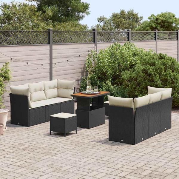 9-teiliges Garten Sofa Set mit Kissen Schwarz Poly Rattan Akazie, 3-teiliges Garten Esstisch Set mit Kissen Schwarz Poly Rattan Akazie