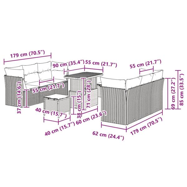 9-teiliges Garten Sofaset mit Kissen Beige Poly Rattan Akazie, 3-teiliges Garten Essset mit Kissen Beige Poly Rattan Akazie