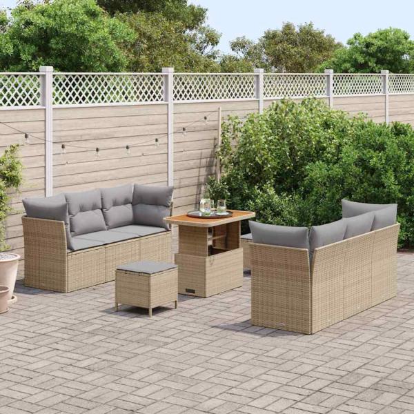 9-teiliges Garten Sofaset mit Kissen Beige Poly Rattan Akazie, 3-teiliges Garten Essset mit Kissen Beige Poly Rattan Akazie