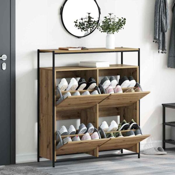 Schuhschrank mit 4 Klappen-Armen Artisan Eiche 100x34x112 cm