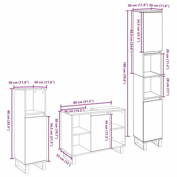 3-teiliges Badezimmermöbel Set Schwarze Eiche Holzwerkstoff, Badezimmer Schrank Schwarze Eiche 30x30x190 cm Holzwerkstoff, Badezimmer Schrank Schwarze Eiche 30x30x100 cm Holzwerkstoff