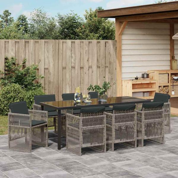 9-teiliges Garten Essset mit Kissen Graues Poly-Rattan, Gartentisch Schwarz 200x80x73 cm Sicherheitsglas