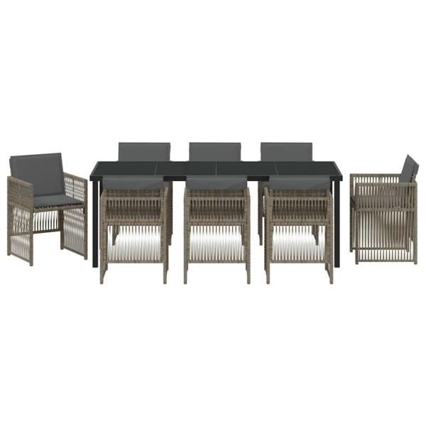 9-teiliges Garten Essset mit Kissen Graues Poly-Rattan, Gartentisch Schwarz 200x80x73 cm Sicherheitsglas