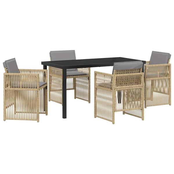 5-teilige Garten Essgruppe mit Kissen in beigem Poly-Rattan, Gartentisch in Schwarz 140x80x73 cm mit gehärtetem Glas