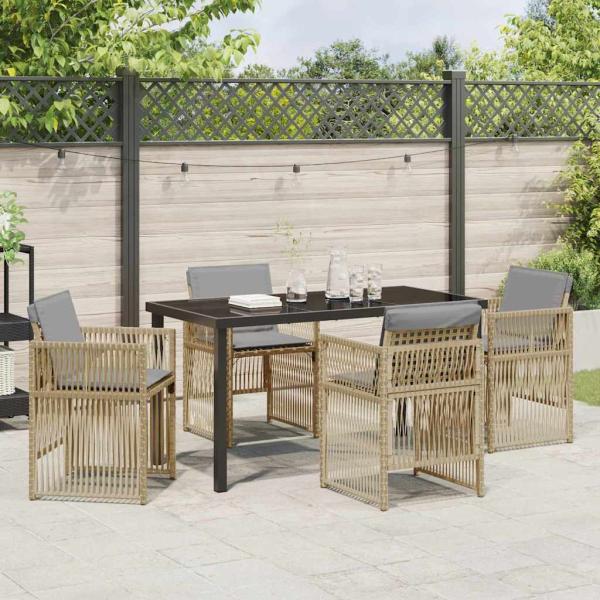 5-teilige Garten Essgruppe mit Kissen in beigem Poly-Rattan, Gartentisch in Schwarz 140x80x73 cm mit gehärtetem Glas