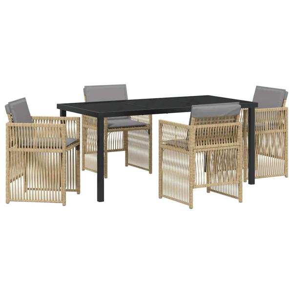5-teiliges Garten Esstisch Set mit Kissen Beige Poly Rattan, Gartentisch Schwarz 160x80x73 cm Einscheibensicherheitsglas