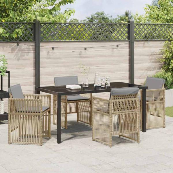5-teiliges Garten Esstisch Set mit Kissen Beige Poly Rattan, Gartentisch Schwarz 160x80x73 cm Einscheibensicherheitsglas