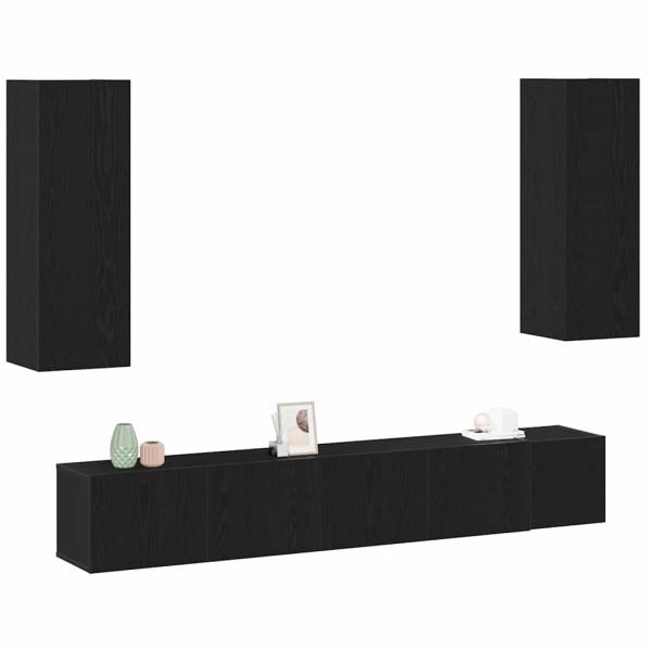 5-teiliges TV-Schranksystem Schwarze Eiche Holzwerkstoff, TV-Wandschränke (Set von 2) - Schwarz Eiche, 80x30x30 cm, aus Holzwerkstoff, Wandmontierte TV-Schränke - 2 Stück Schwarz Eiche, 30,5x30x90 cm, aus Holzwerkstoff, Wandmontierter TV-Schrank in Schwar