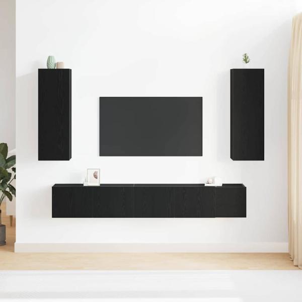 5-teiliges TV-Schranksystem Schwarze Eiche Holzwerkstoff, TV-Wandschränke (Set von 2) - Schwarz Eiche, 80x30x30 cm, aus Holzwerkstoff, Wandmontierte TV-Schränke - 2 Stück Schwarz Eiche, 30,5x30x90 cm, aus Holzwerkstoff, Wandmontierter TV-Schrank in Schwar
