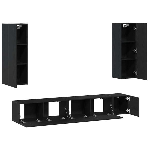 5-teiliges TV-Schranksystem Schwarze Eiche Holzwerkstoff, TV-Wandschränke (Set von 2) - Schwarz Eiche, 80x30x30 cm, aus Holzwerkstoff, Wandmontierte TV-Schränke - 2 Stück Schwarz Eiche, 30,5x30x90 cm, aus Holzwerkstoff, Wandmontierter TV-Schrank in Schwar