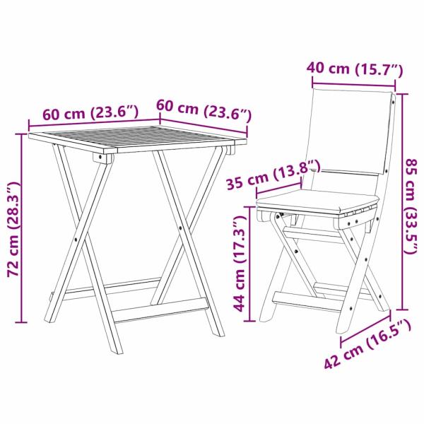 3-teiliges Faltbares Bistro Set aus Massivholz Akazie