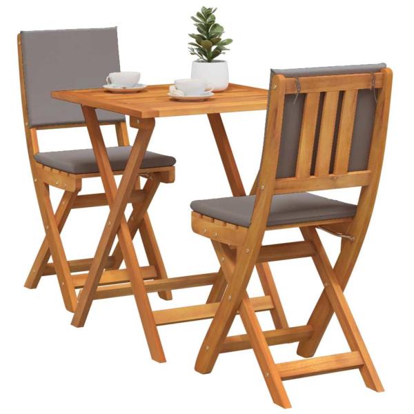3-teiliges Faltbares Bistro-Set mit Kissen, Massivholz Akazie