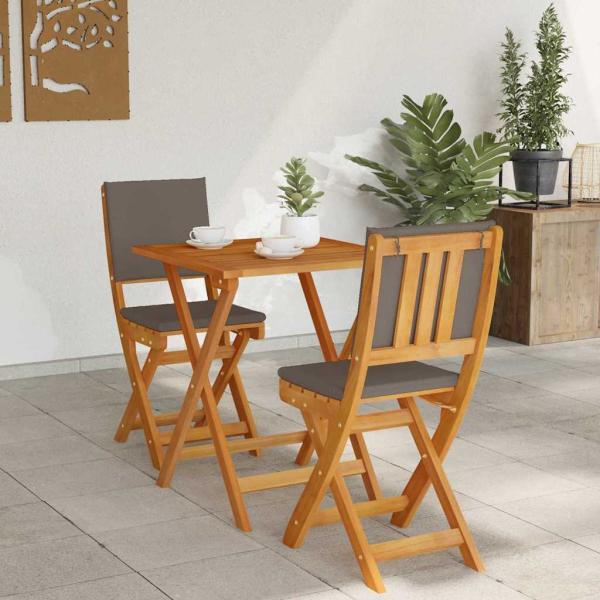 3-teiliges Faltbares Bistro-Set mit Kissen, Massivholz Akazie