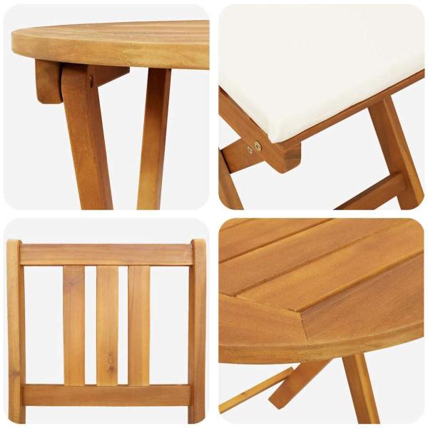 3-teiliges Faltbares Bistro-Set mit Kissen aus solidem Akazienholz