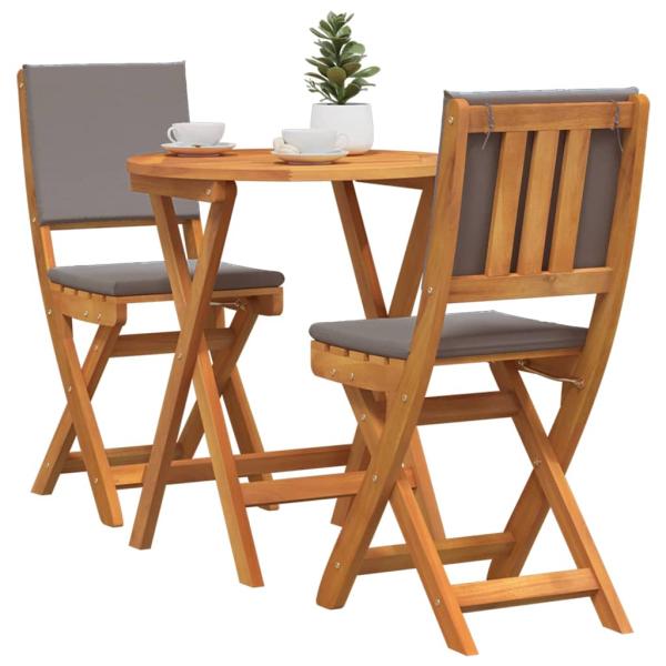 3-teiliges Klapp-Bistro Set mit Kissen aus solidem Akazienholz