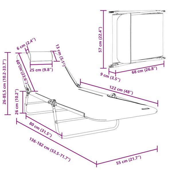 Klappbare Sonnenliegen 2 Stück mit Kopfstütze Creme Textilene