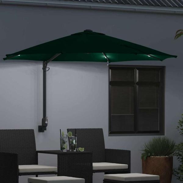 Wandmontierter Gartenparasol mit LEDs Grün 248 cm